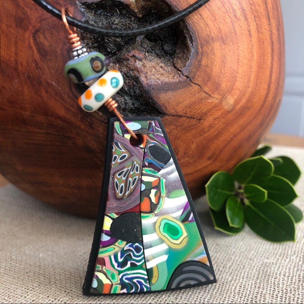 💜- Artisan Abstract Polymer Clay Trapezoid Necklace